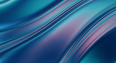 A vibrant abstract background featuring smooth, flowing waves in shades of blue, teal, and purple. Metallic sheen creates a dynamic, iridescent effect with subtle reflections and gradients, perfect for modern designs.の素材