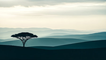 A striking silhouette of a solitary acacia tree stands against a tranquil vista of layered, misty blue mountains. The soft, hazy light creates a serene and timeless atmosphere.の素材
