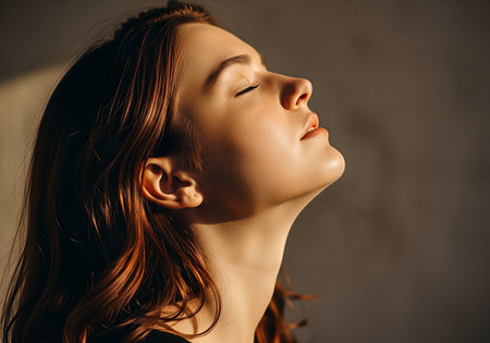 Beautiful young woman with closed eyes. Portrait of a girl with closed eyes.の素材