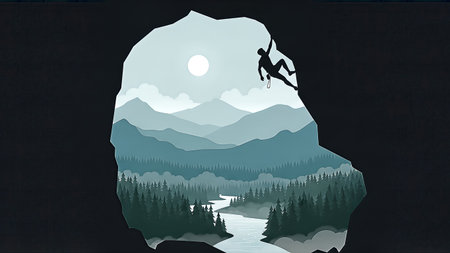 Vector illustration of a silhouette rock climber scaling a cave entrance, revealing a serene layered mountain landscape with a winding river and pine forest under a bright sun.の素材