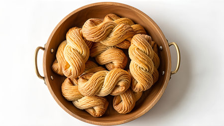 An inviting overhead shot of artisanal braided pastries in a wooden serving tray. Soft lighting accentuates the delicate, flaky layers of the golden-brown baked goods.の素材