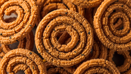 A close-up shot showcases a pile of golden-brown Chakli, a spiral-shaped Indian snack, adorned with black sesame seeds, highlighting its intricate texture and appetizing appearance.の素材