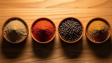 Overhead shot of four wooden bowls filled with spices: ginger, paprika, black pepper, and turmeric, arranged on a wooden table with warm lighting.の素材