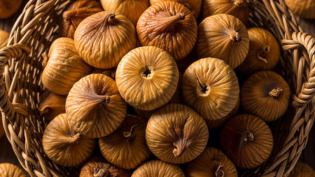 A high-angle, close-up shot showcases a basket filled with dried figs, highlighting their wrinkled texture and sweet appearance. The wicker basket adds a rustic touch.の素材