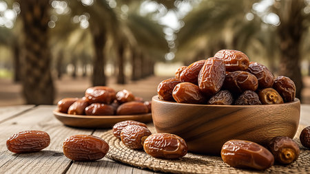 Delicious dried dates in a rustic wooden bowl and scattered on a table. Blurred palm grove background. Warm light highlights rich texture, inviting healthy, traditional snack.の素材