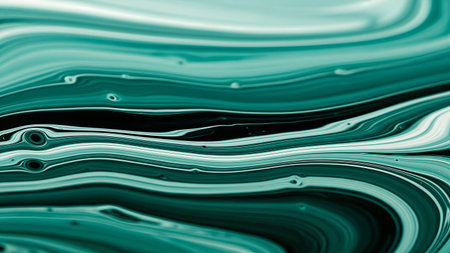 Close-up of mesmerizing fluid art featuring swirling teal, dark green, black, and white paints. Organic lines and circular patterns create a dynamic, abstract texture.の素材