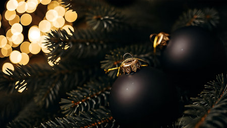 Close-up of black Christmas ornaments with golden details hanging on a pine tree, illuminated by soft, blurred bokeh lights, creating a festive and elegant holiday atmosphere.の素材