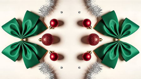 A perfectly symmetrical flat lay of festive decor. Two large green satin bows flank an arrangement of red ornaments, silver tinsel, and gems on a clean, bright background.の素材