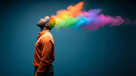 A contemplative Black man in profile looks up as a vibrant rainbow of powder explodes from his mind, symbolizing creativity, ideas, and imagination against a dark blue background.の素材