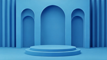 Symmetrical 3D render of a minimalist blue stage. A two-tiered circular podium sits before a wall with three elegant arches and fluted columns, creating a serene, modern space.の素材
