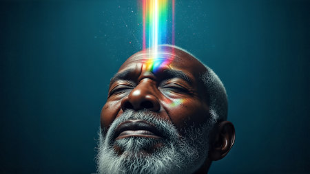 A low-angle portrait of a wise elder with eyes closed in deep meditation. A vibrant rainbow beam of light emanates from his third eye, illuminating his serene face.の素材