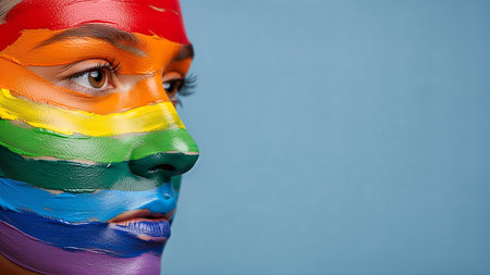 Close-up profile of a woman's face painted with vibrant rainbow colors, red, orange, yellow, green, blue, and violet, against a light blue background.の素材