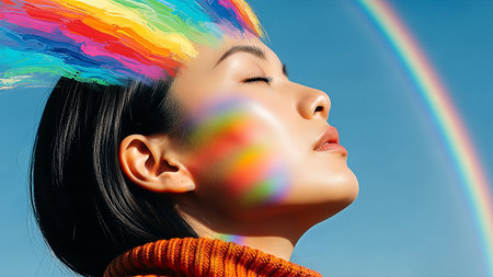 Serene Asian woman, eyes closed, in profile. Her head bursts with vibrant, painterly rainbow colors, reflecting softly on her cheek. A faint rainbow arcs in the bright blue sky, evoking peace, imagination, and creativity.の素材
