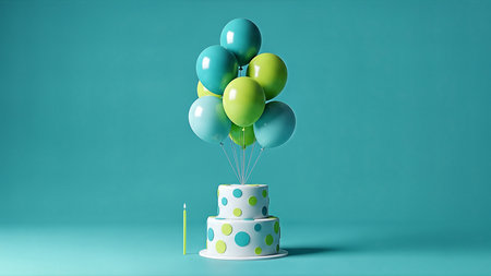 A two-tiered white cake with teal and green polka dots is adorned with balloons, next to a lit candle, set against a teal background, creating a festive, celebratory scene.の素材