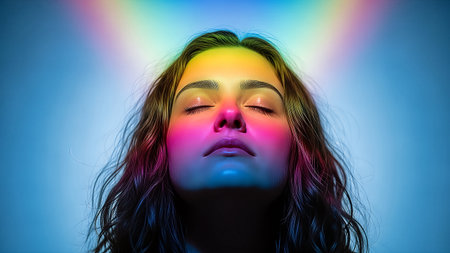 A young woman with closed eyes is bathed in a spectrum of vibrant rainbow light. The portrait emphasizes the face, with colors blending across the skin. The lighting creates a surreal, dreamlike atmosphere, highlighting the subject's serene expression.の素材