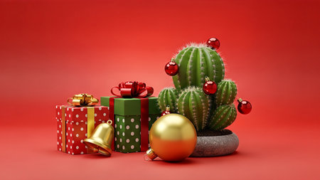 Cactus adorned with red ornaments beside wrapped presents and golden bellの素材