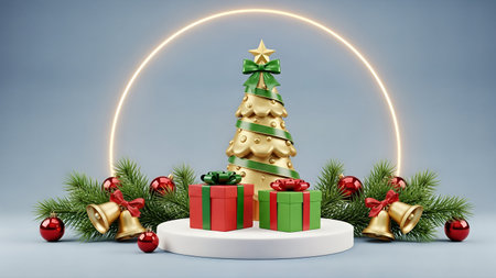 Golden tree gifts bells and pine branches under glowing ring isolated on transparent backgroundの素材