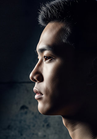 Profile view of a mans face in shadowの素材