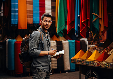 A man with a backpack browses vibrant fabric rolls at a marketの素材