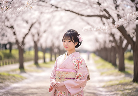 Asian woman wearing traditional pink kimono standing on pathway under blooming cherry blossom treesの素材