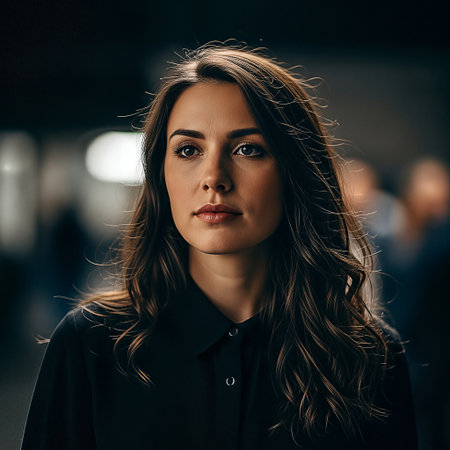 Portrait of a young woman with long brown hair looking directly at the camera with a blurred backgroundの素材
