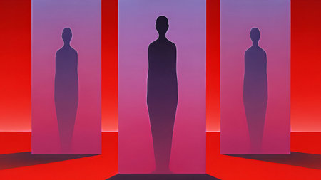 Three silhouetted figures standing in front of tall rectangular panels with a gradient backgroundの素材