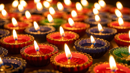 A collection of lit diyas for Diwaliの素材