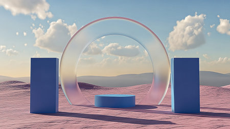 A futuristic desert scene with blue geometric shapes and a large transparent domeの素材