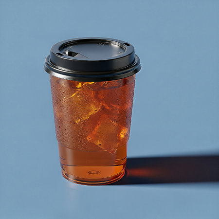 A cold iced drink in a disposable plastic cup with a black lid on a blue backgroundの素材