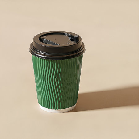A green disposable coffee cup with a black lid on a beige backgroundの素材