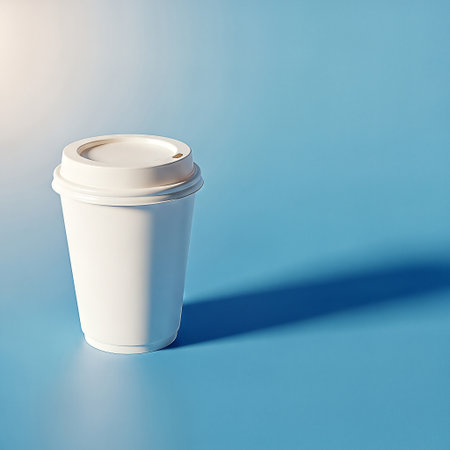 A white disposable coffee cup with lid on blue backgroundの素材