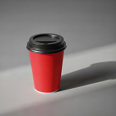 A red disposable coffee cup with a black lid on a gray backgroundの素材