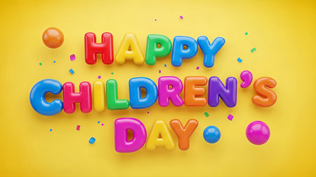 A colorful graphic celebrating Happy Childrens Day with confettiの素材