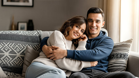 Man and woman sitting on couch embracingの素材