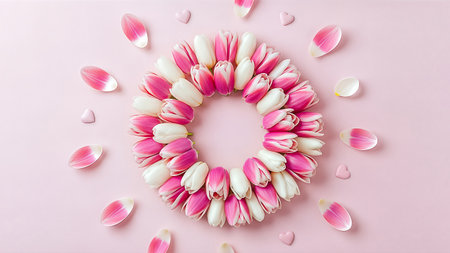 A circular arrangement of pink and white tulip flowers on a pink background with scattered petalsの素材