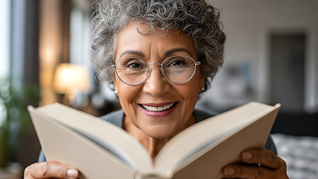 Happy elderly woman with glasses reading a bookの素材