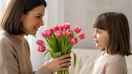 Smiling woman holding bouquet of flowers for childの素材