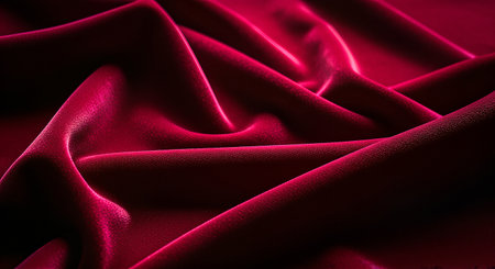Detailed view of luxurious red velvet fabric with smooth folds and soft lightingの素材