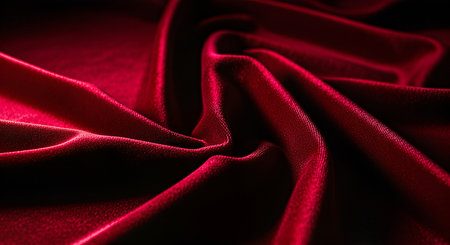 Close-up of a dark red fabric with a smooth texture, twisted and folded, creating a sense of depth and luxury.の素材