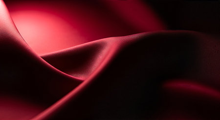 Close-up of red fabric with smooth folds and curves creating a dynamic abstract backgroundの素材