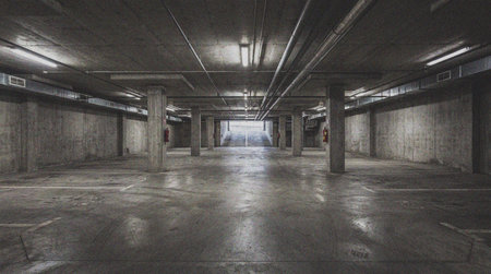 Empty industrial garage with concrete pillars and shiny floor