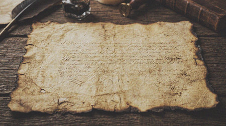 A close-up view of an aged parchment document with handwritten text, placed on a rustic wooden surface alongside a quill pen and inkwell.