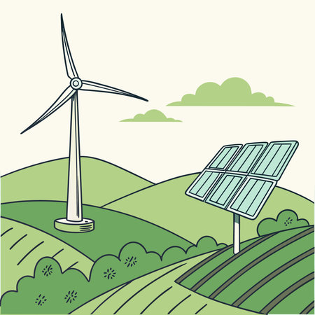 Windmill and solar panels on the field. Vector illustration in flat styleのイラスト素材