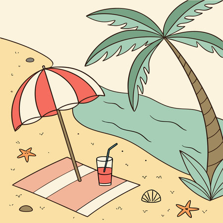 Beach with umbrella and cocktail. Vector illustration in flat style.のイラスト素材