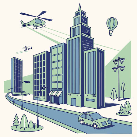 Modern city with skyscrapers, roads and transport. Vector illustration.のイラスト素材