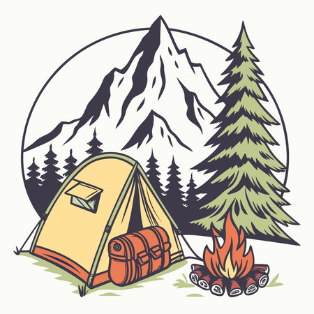 Camping tent with campfire in the mountains. Vector illustration.のイラスト素材
