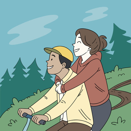 Couple riding a bicycle in the park. Vector illustration in cartoon style.のイラスト素材