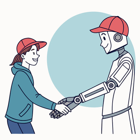Robot and worker handshaking. Vector illustration in cartoon style.のイラスト素材