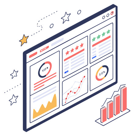 Isometric web analytics and statistics concept. Business infographics with charts and graphs on computer screen.のイラスト素材