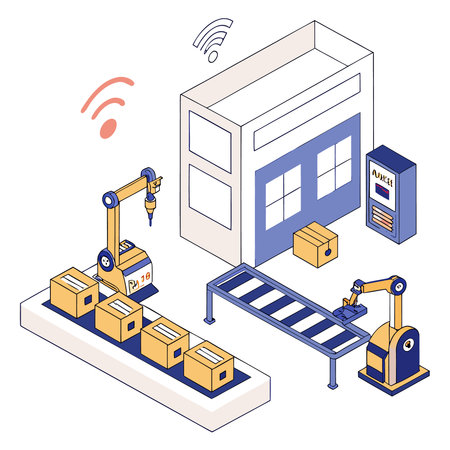 Smart factory isometric concept with robots and boxes vector illustration graphic designのイラスト素材